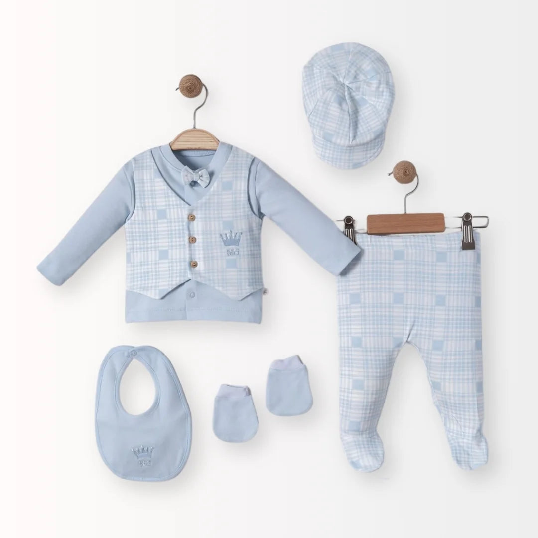 Erkek Bebek 0-3 AY Baby Kıng Kutulu 5Li Pamuklu Hastane Çıkış Seti