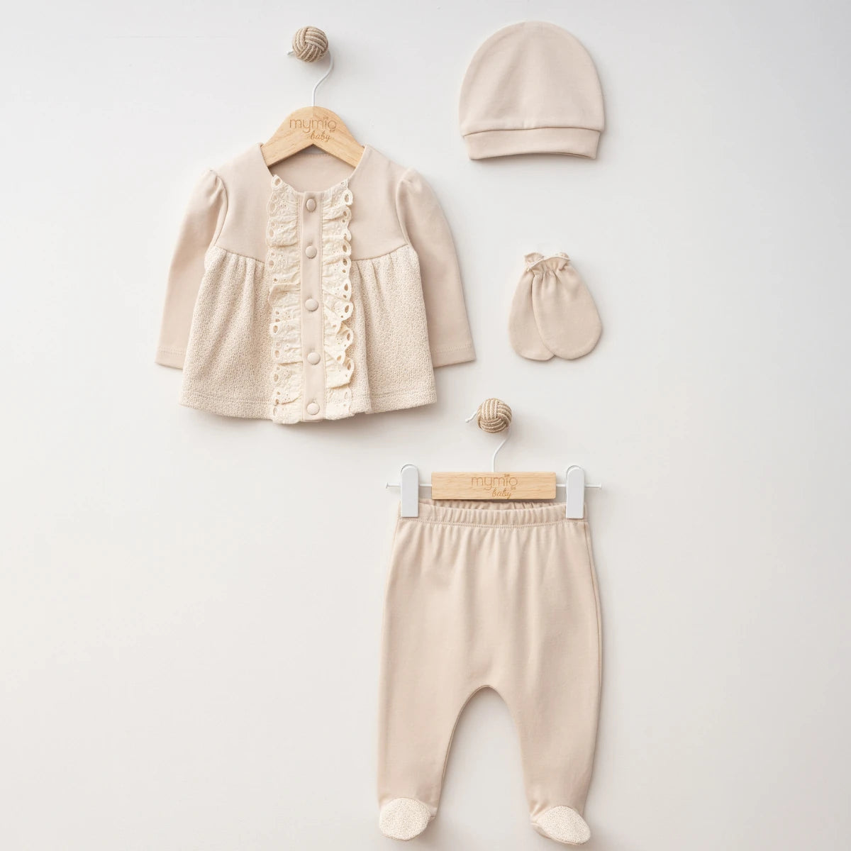 Kız Bebek 0-3Ay Beden Şapkalı Brodeli Örme 4Lü Zıbın&Yenidoğan Set