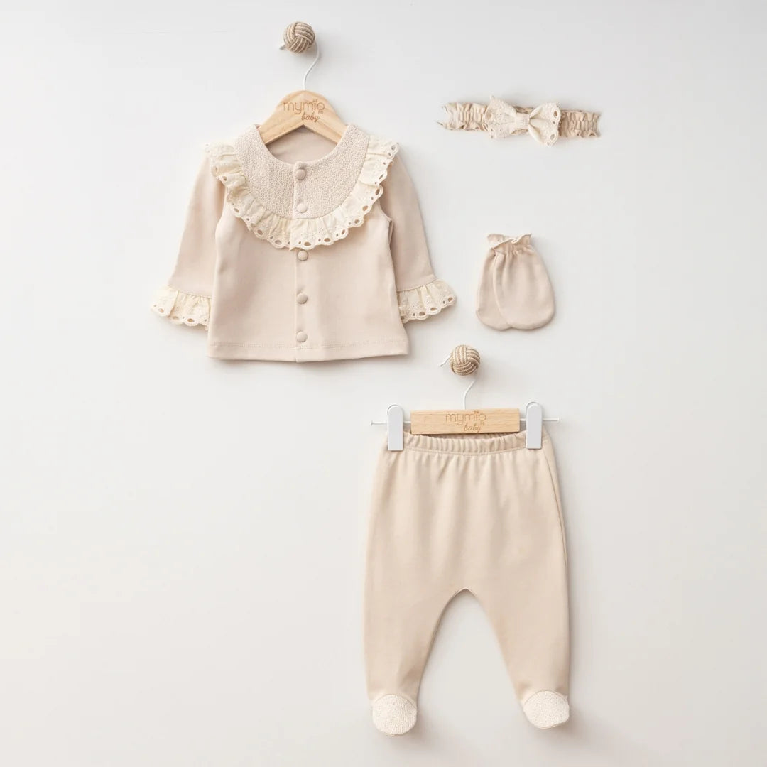 Kız Bebek 0-3 Ay Beden Brodeli Örme 4Lü Zıbın&Yenidoğan Set