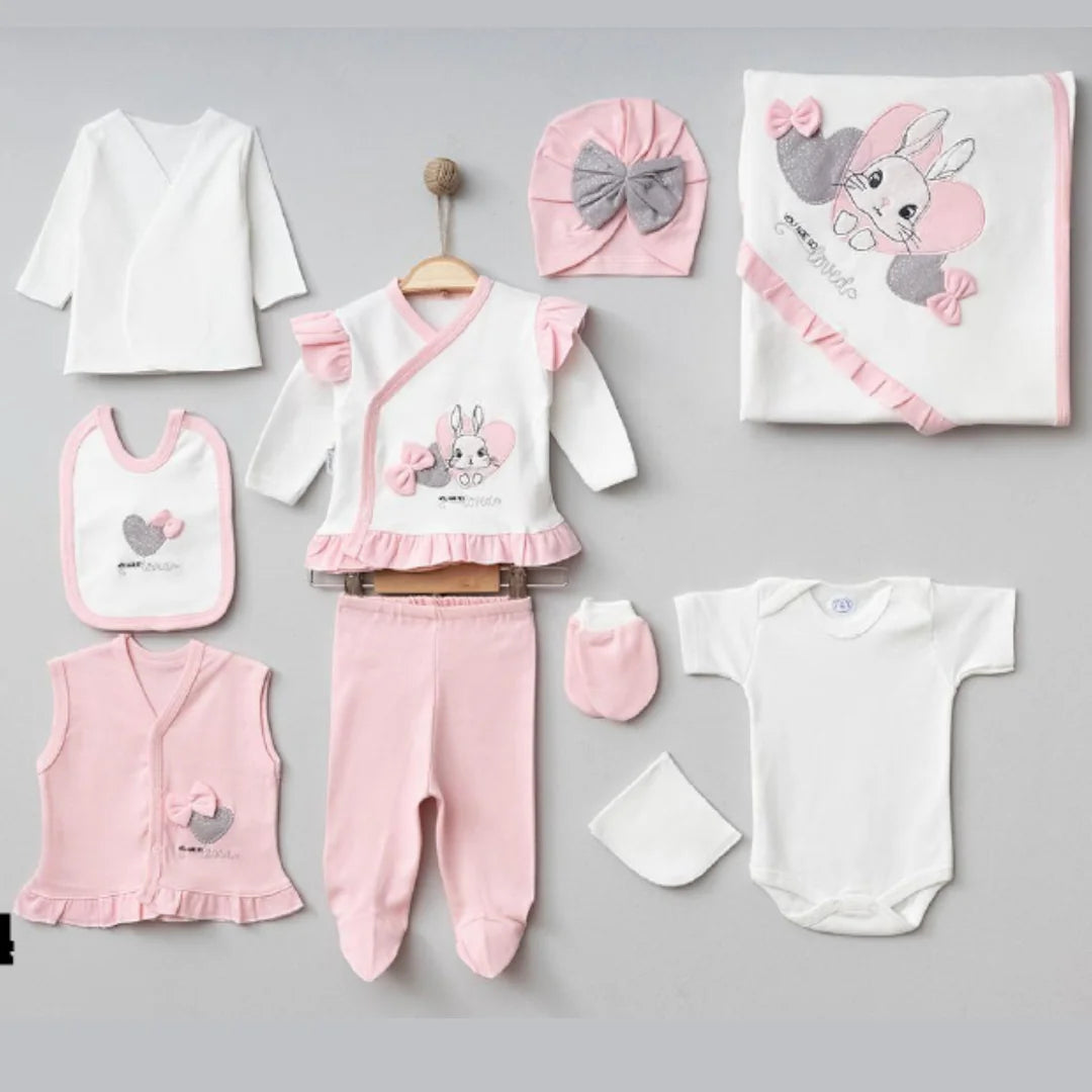 Kız Bebek 0-3 Ay Kalpli Tavşanlı 10Lu Hastane Çıkış Seti