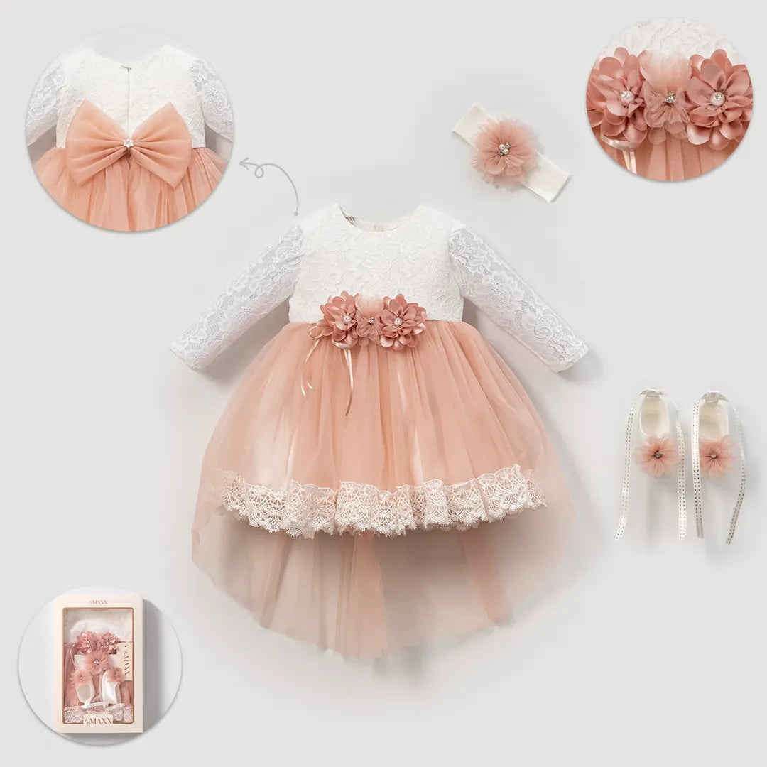 0-3/3-6 Ay Çiçekli Patikli Kuyruklu Şık Kız Bebek Mevlit Ve Özel Gün Seti