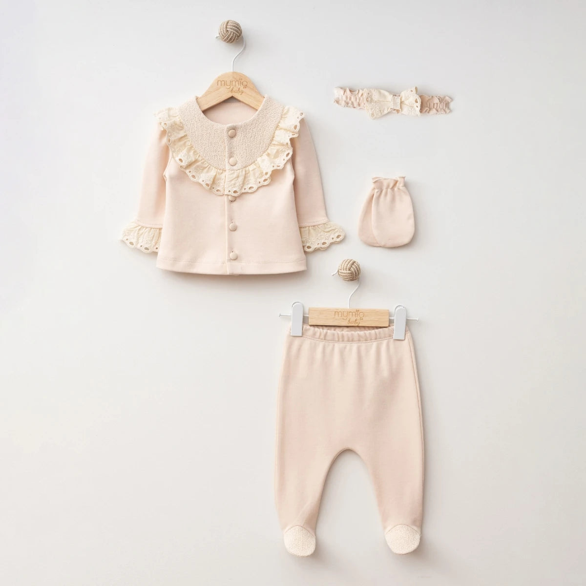 Kız Bebek 0-3 Ay Beden Brodeli Örme 4Lü Zıbın&Yenidoğan Set