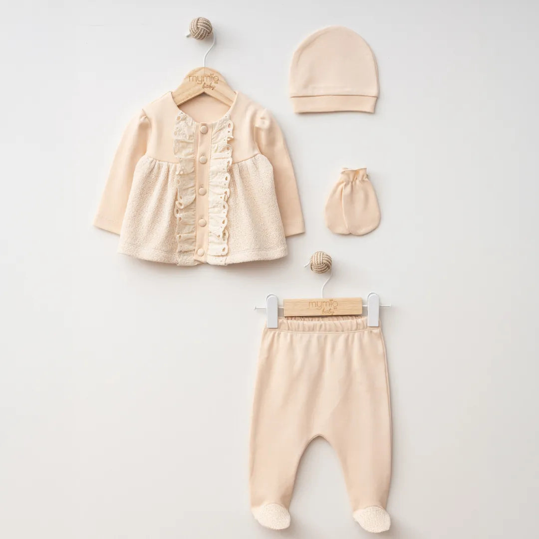 Kız Bebek 0-3Ay Beden Şapkalı Brodeli Örme 4Lü Zıbın&Yenidoğan Set